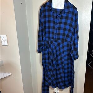 Blue and Black plaid Casual Button Down shirt dress with tie